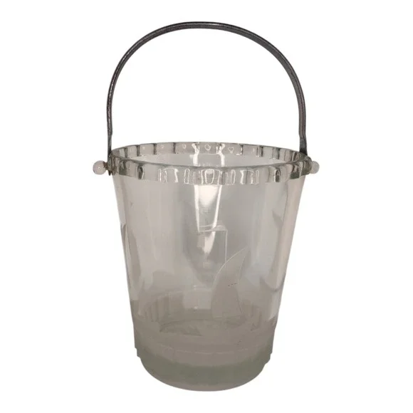 Vintage Etched Glass Sailboat Ice Bucket with Hammered Metal Handle Nautical