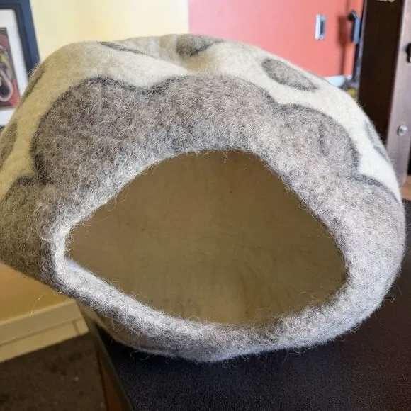 Large Cat Cave Premium Felted Organic Wool Bed Eco Kitty Gray Flower Whimsy