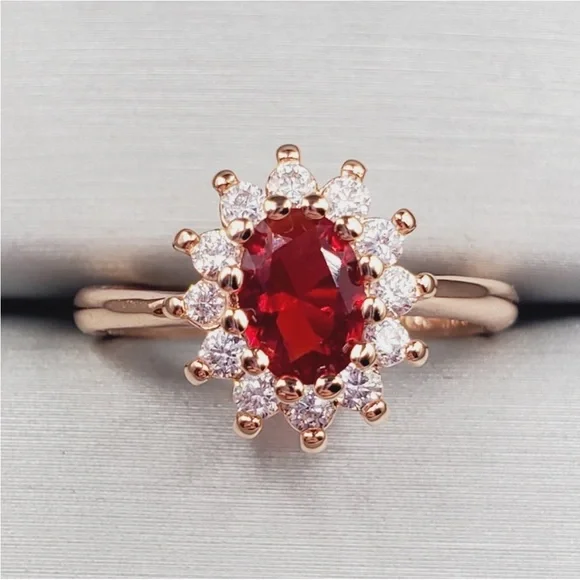 Red Oval Cut Ruby Simulant 18k Pink Rose Gold Tone Diamond Simulants Halo Ring