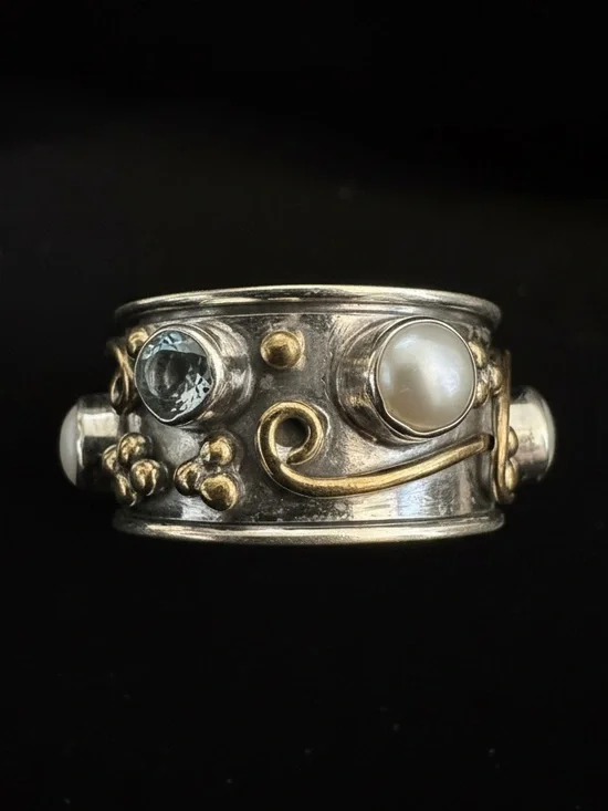 Sterling Silver & Gold Accent Pearl & aquamarine Band Ring - White Pearl