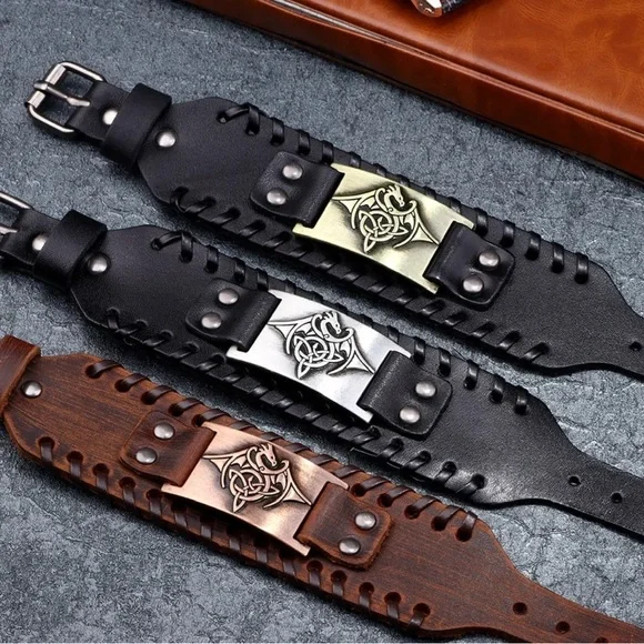 Men's Style Alloy Totem Charm Braided Leather Bracelet Wide Wristband