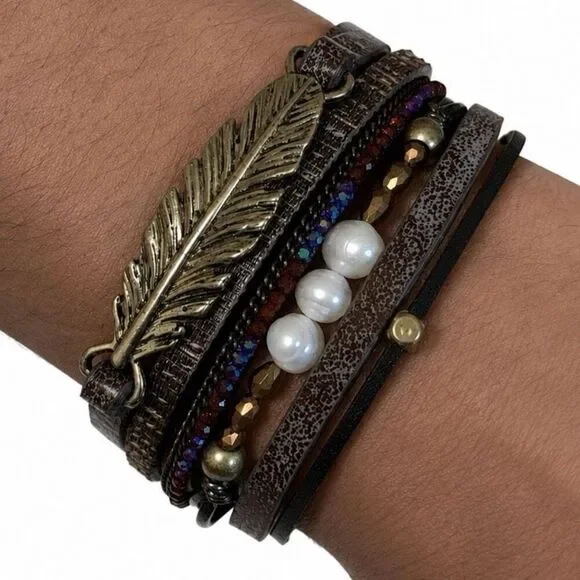Men’s Seascape Saddle Brown PU Leather Boho Cuff Bracelet, Real Pearls