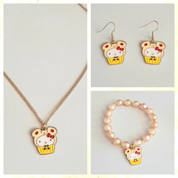 Enamel Kitty with a Teddy Bear Cap Necklace, Earrings & Bracelet Set