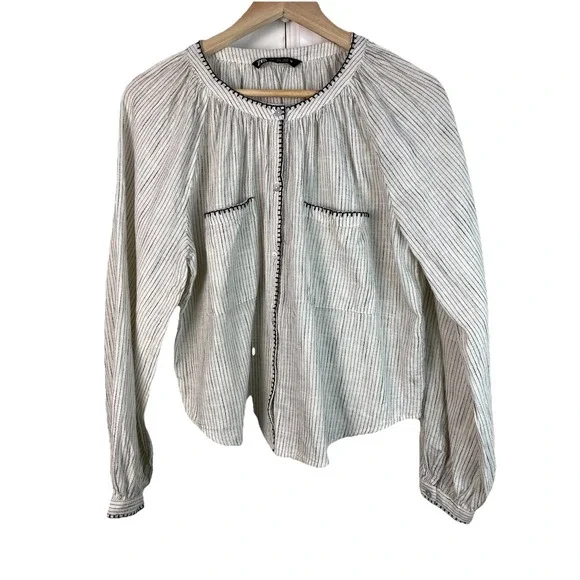 Zara Women S Creamy White Black Striped Embroidered Puff Sleeve Button Up Blouse