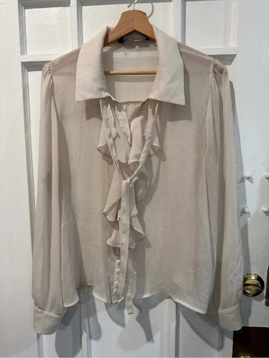 Zara Cream Ruffle Tie-Neck Blouse