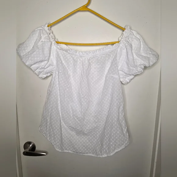 Anthropologie‎ White Off-Shoulder Swiss Dot Puff Sleeve Top Size 6