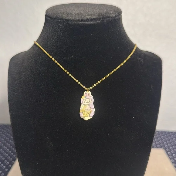 Vintage 1980s Whimsical Bunny Pendant Necklace - 16” chain