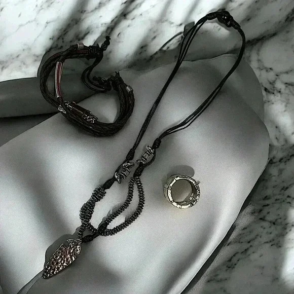 Faux leather & silver mens 3 piece jewelry set