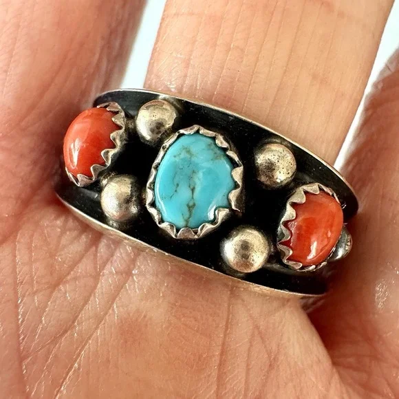 Turquoise Coral Band Ring Sz 11 Navajo 5g 11mm Native Amer Dark Sterling Mens