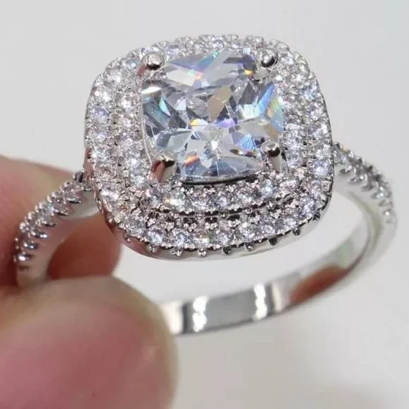 NEW 925 Sterling Silver Diamond Double Halo Ring