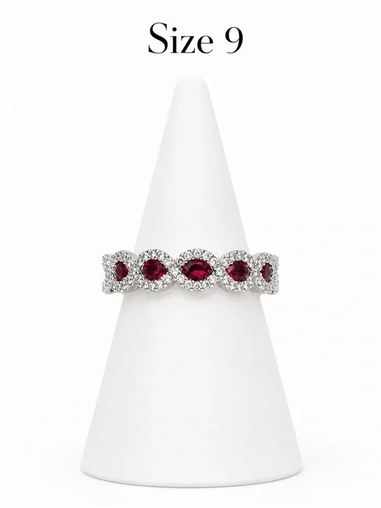 Ruby Red Halo Silver Band Ring - Size 9