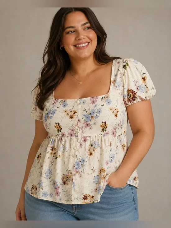 NWOT | Anthropologie | Floral Puff Sleeve Peplum Top Cream Floral - Size 2X