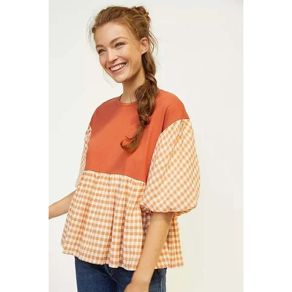 English Factory Enrica Plaid Peplum Top Medium Rust Orange Gingham Puff Sleeve