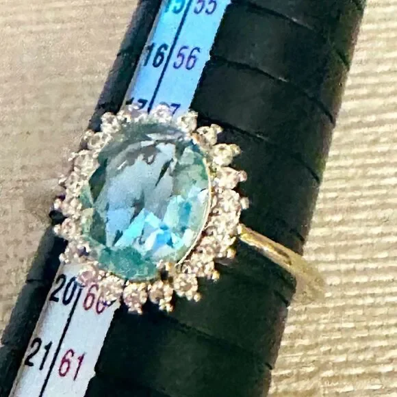 NATURAL AQUAMARINE 925 HALO RING LIGHT BLUE ROUND ART DECO STATEMENT RING