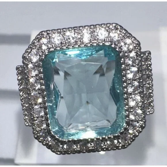 Aquamarine Cubic Zirconia White Crystal Ring Size 10