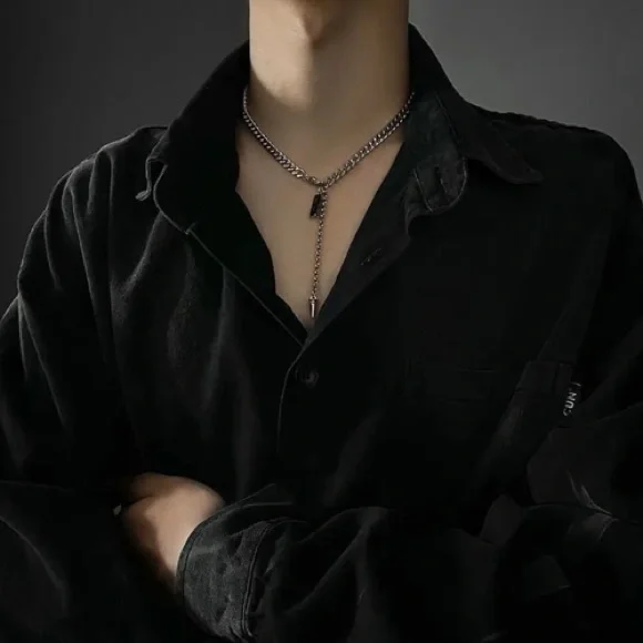 Black Crystal Pendant Stainless Steel Mens Necklace