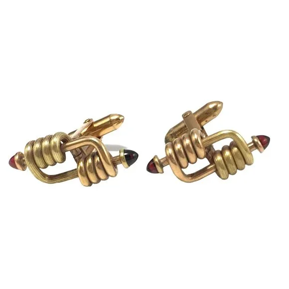 Vintage Gold Tone Knot Cufflinks Small Red Bullet Cabochons on Ends