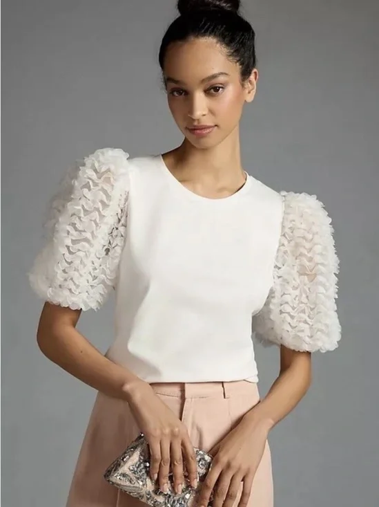 Anthropologie Flat White 3D Floral Petal Puff Sleeve Top - White - S