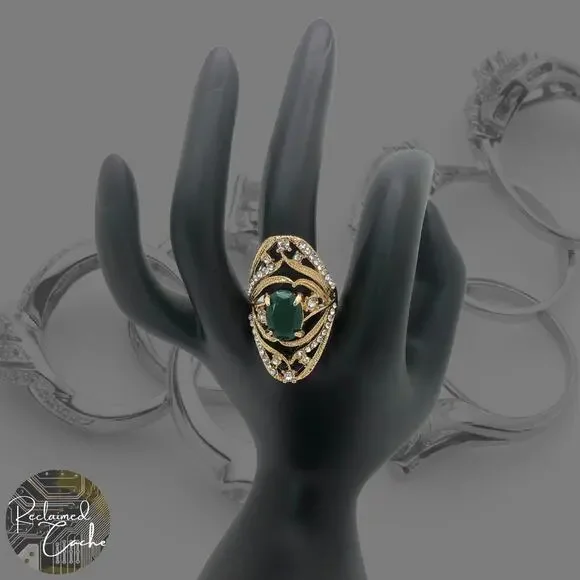 Gold and Green Rhinestone Statement Ring - Size 9