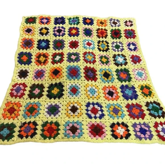 Vintage Handmade Crochet Granny‎ Square Blanket Yellow Boho Throw Afghan
