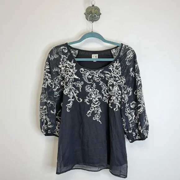 Anthropologie Edme & Esyllte Navy Embroidered Cotton Silk Blouse Top Women Sz 4