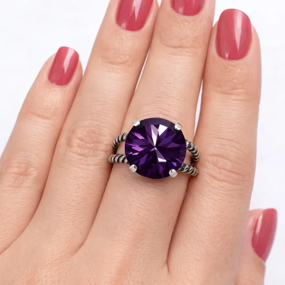 Adjustable Ring | Amethyst Swarovski Elements | Purple Crystal Round Rope Ring
