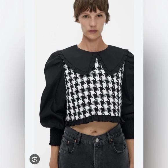 Zara Houndstooth Tweed Peter Pan Collar Cropped Top Size S