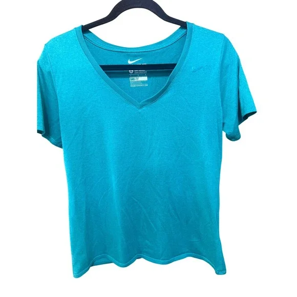 Nike Womens Dri-FIT V-Neck Athletic Tee Green Short Sleeve Shirt Size L