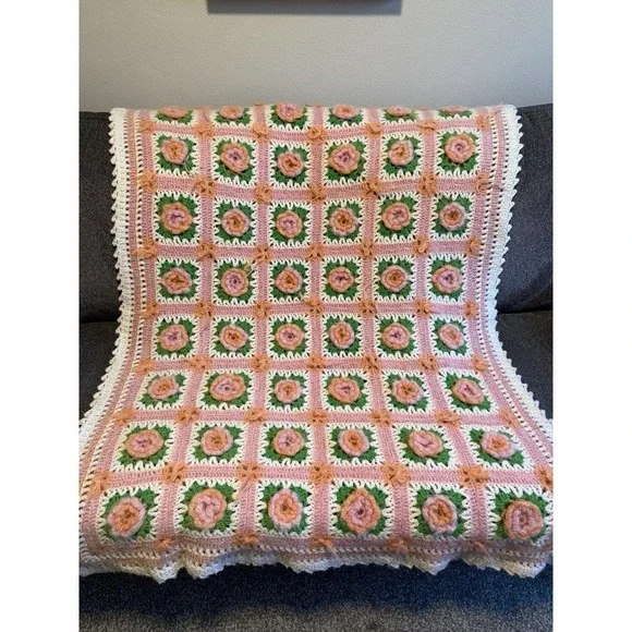 Vtg Hand Crocheted Mohair Afghan Blanket 3D Roses Floral Granny Square Pink WOW