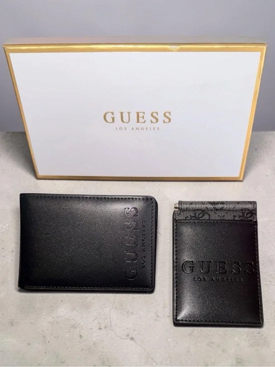 NWT 2 piece- GUESS Black Leather Bifold Wallet with Cardholder Set