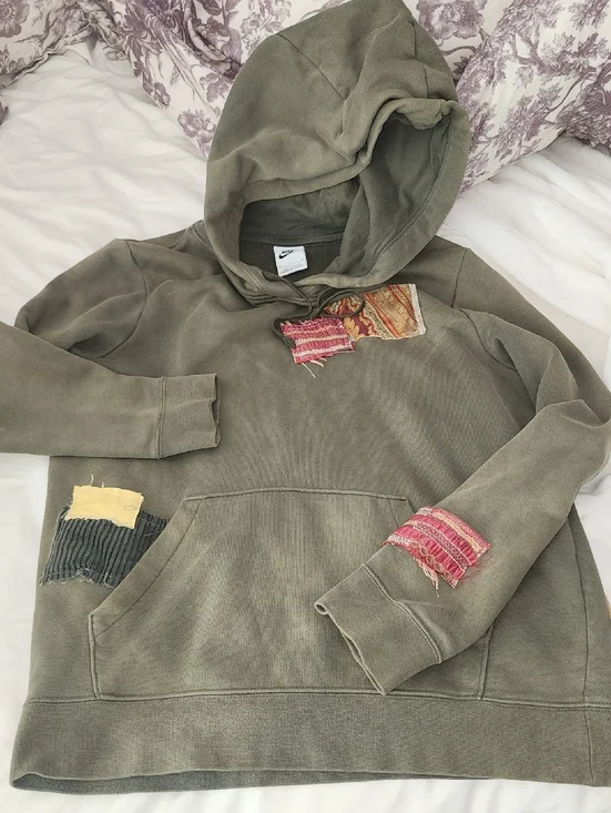 Nike Olive Green Hoodie with Multicolor Patchwork Accents