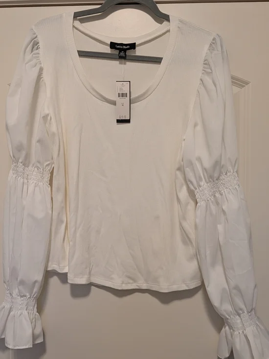 Anthropologie Lea &Viola White Puff Sleeve Scoop Neck Top