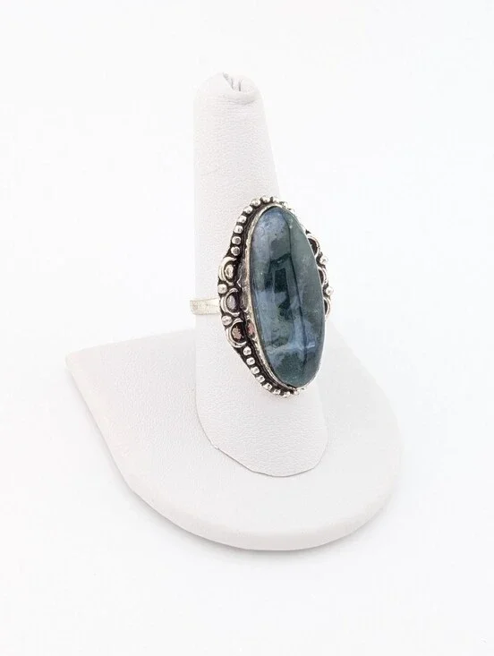 Moss Agate Oval Silver Statement Ring - Bohemian Jewelry - 8.5 - L