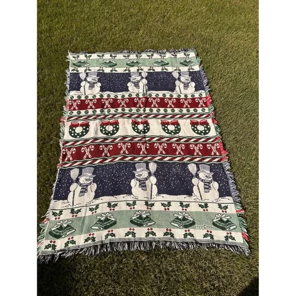 Vintage 1996 MMW Christmas Woven Tapestry‎ Throw Blanket Snowman Holiday Decor