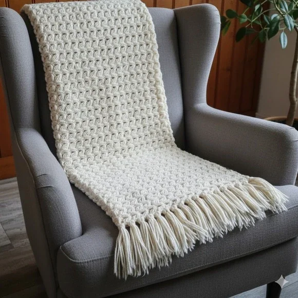 Handmade‎ Chunky Cable Crochet Blanket Off White Ivory Throw Large 39