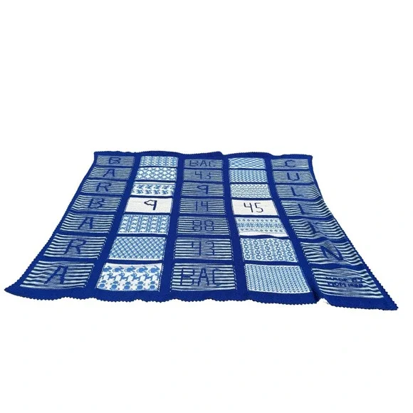 Vintage Hand Knit Crochet Afghan Throw Blue White Pattern Letters Numbers 1988