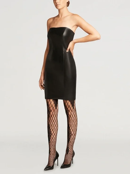 New Wolford Jo Black Faux Leather Panel Strapless Dress Stretch Fit Jersey Back