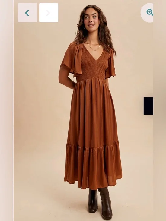 In Loom Emilia Dress Size L Sepia Satin Smocked Midi - NWT