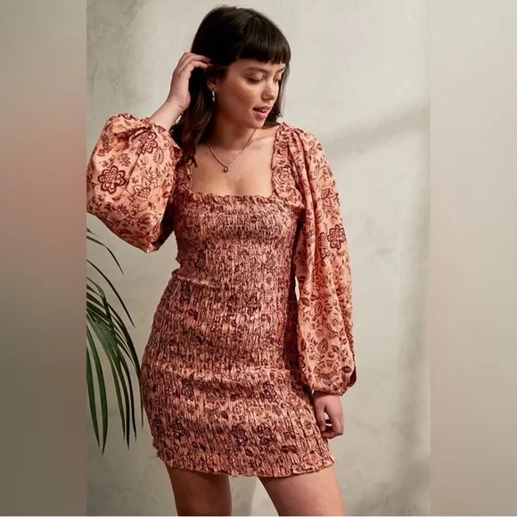 FREE PEOPLE Smock It To Me Mini Dress in Apricot Combo - S