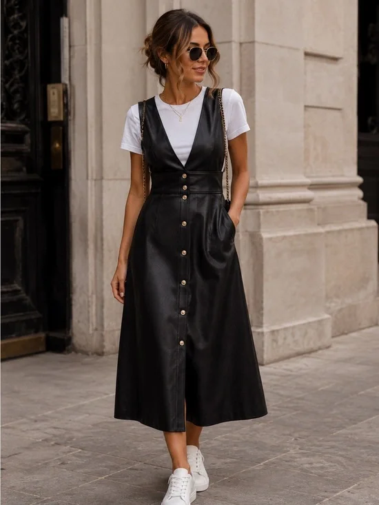 Zara Black Faux Leather Button-Front Midi Dress skirt
