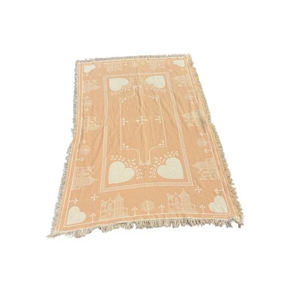 Vintage 1990 Tapestry Throw Cottagecore Peach Cream Houses Hearts Granny Mom