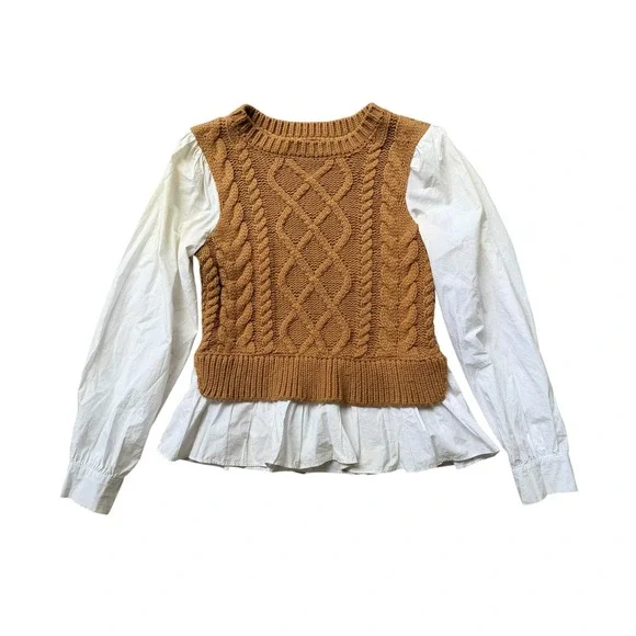 Anthropologie Mixed Media Cable Knit Sweater Vest Poplin Peplum Top Brown XS