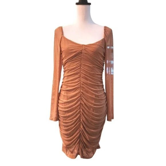 FRENCH CONNECTION Toni Ruched Mesh Long Sleeve Bodycon Mini Dress Blush Size‎ M