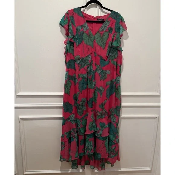 Tommy Hilfiger Women's Size 20W Pink Green Palm‎ Leaf Print Dress