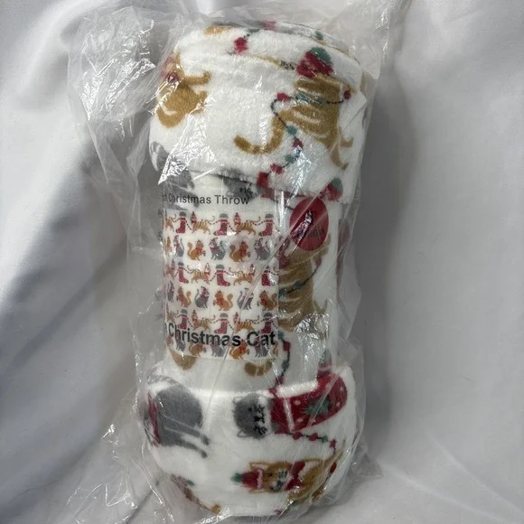 Plush Christmas Throw White Christmas Cat Stocking Blanket White OS NEW‎
