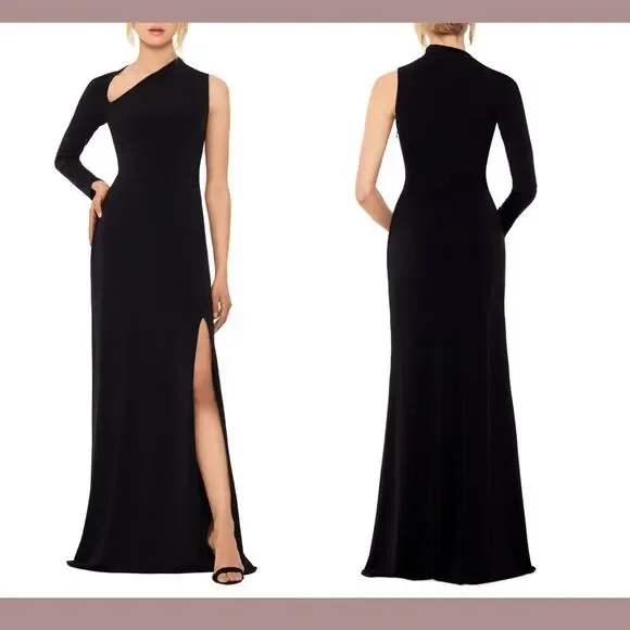 NWT $199 Betsy & Adam [ 8 ] One Shoulder Single Long Sleeve Gown‎ Black