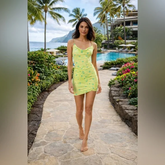 AFRM Palmetto‎ Asymmetric Mini Dress Lime Daisy Size S NWT