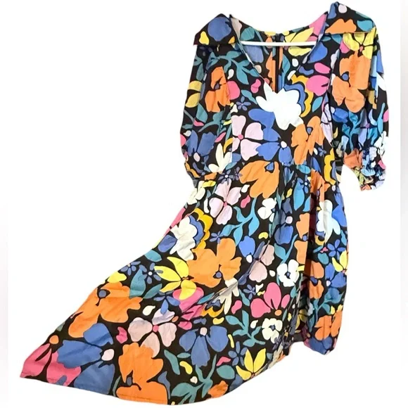 Poplin Dress empire waist vibrant floral print and POCKETS