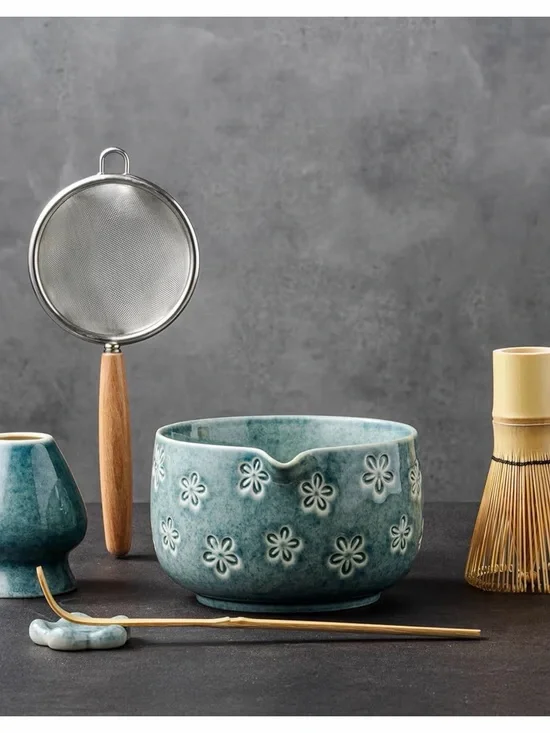 Blue Floral Ceramic Matcha Bowl Set NEW