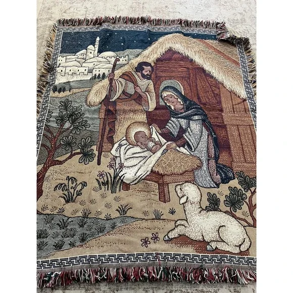 Vintage Nativity Holy Family Christmas Tapestry Blanket Throw Mary Jesus 49